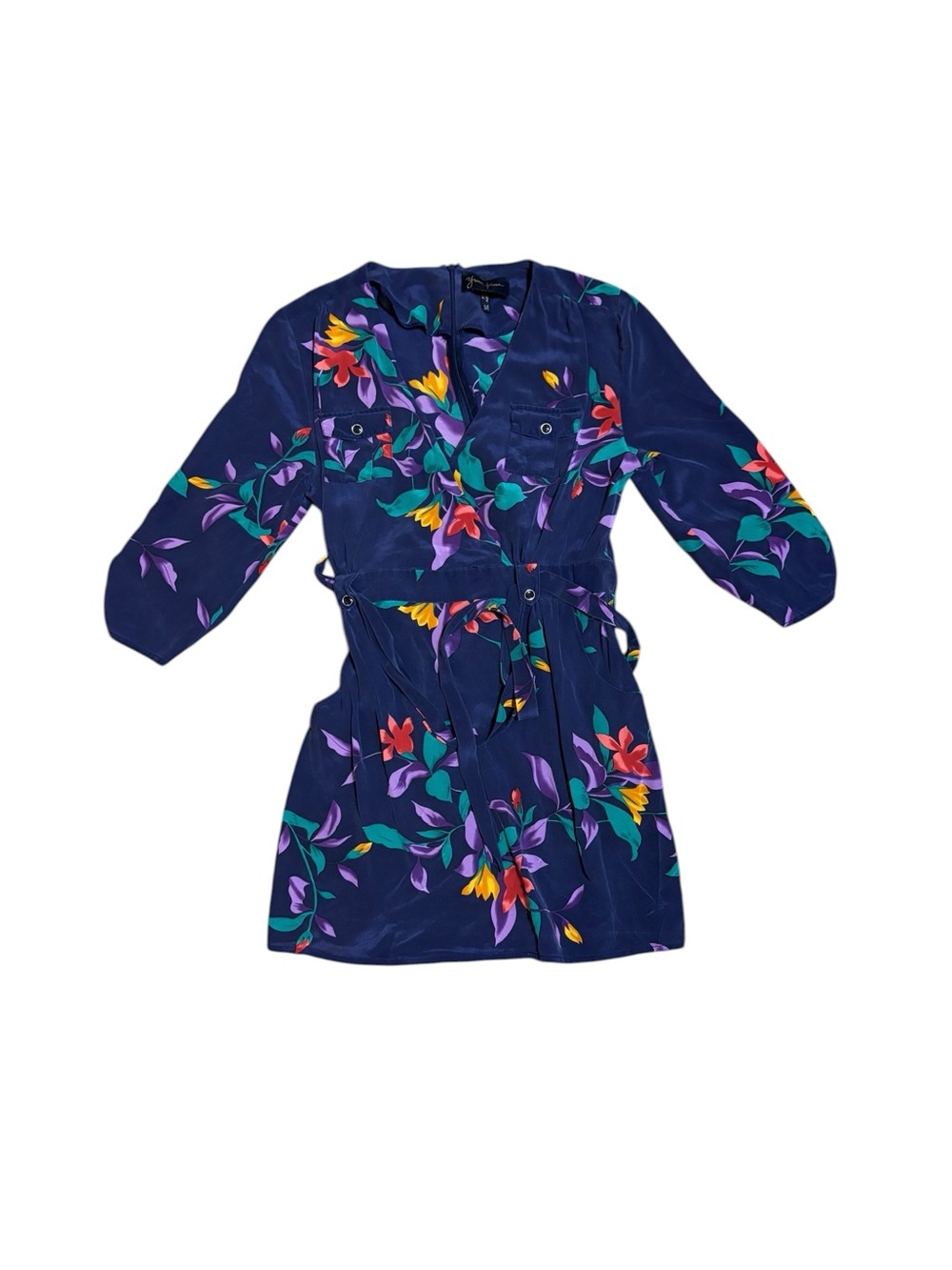 Yumi Kim Blue Floral 100% Silk Wrap Mini Dress Womens Small V-Neck Cap Sleeve